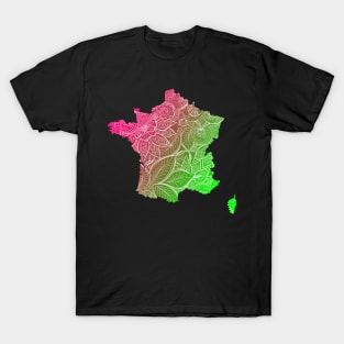 Colorful mandala art map of France with text in pink and green T-Shirt